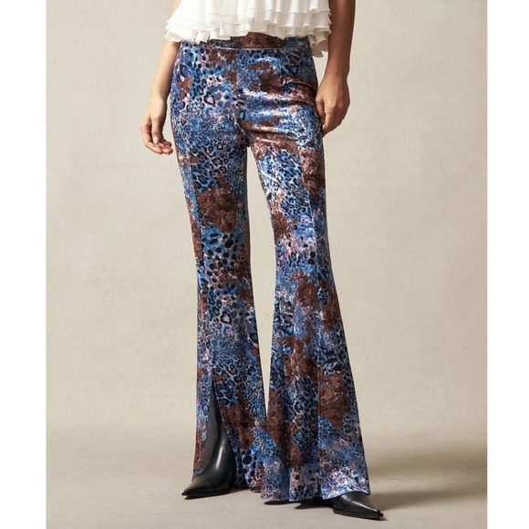 Luxe Velvet Floral Leopard print Wide Leg Split hem Pants - Picture 3 of 6